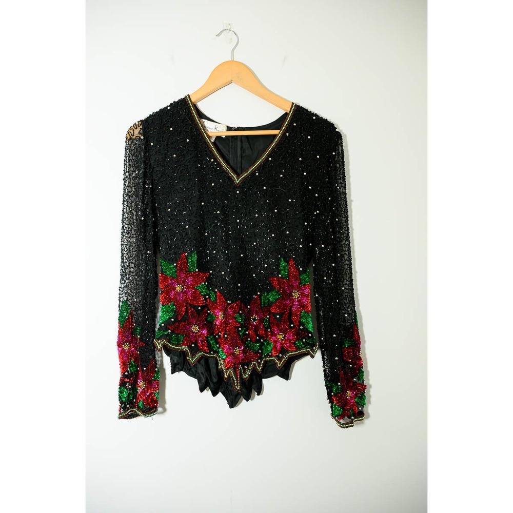 Laurence Kazar Beaded Top PL Black Vintage Poinsettia Floral Silk